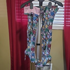 Fashion Nova Multicolor Snake Print Heeled Boots